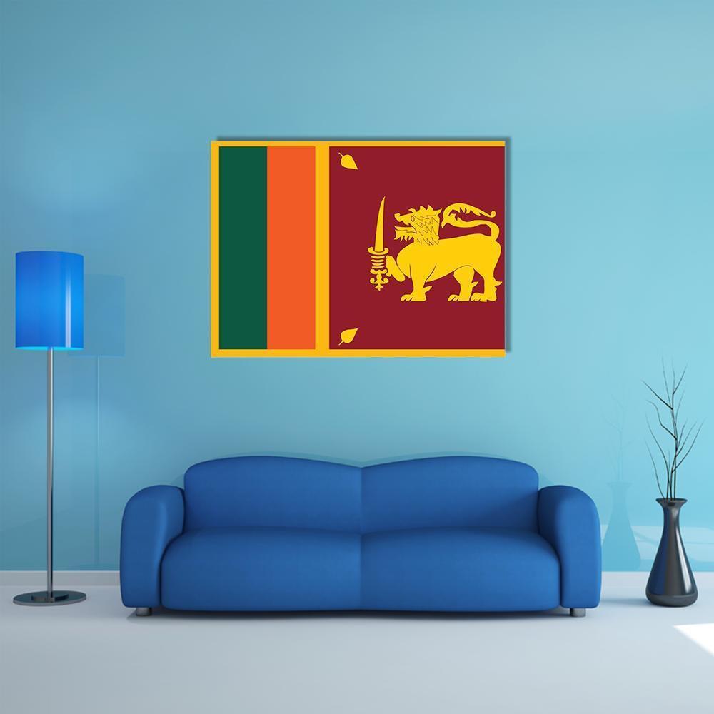 Sri Lanka Flag with Gold Lion Emblem Canvas Wall Art in gold, red and green, single panel hung on a wall