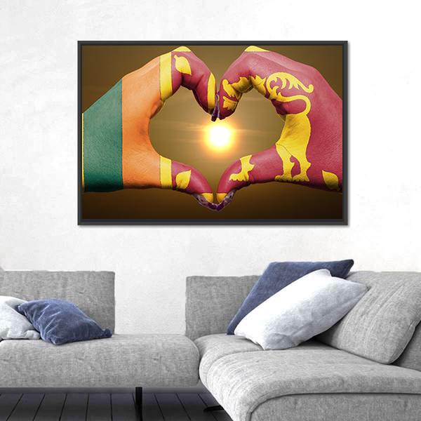 Sri Lankan Flag On Hands Canvas Wall Art-1 Piece-Floating Frame-24" x 16"-Tiaracle