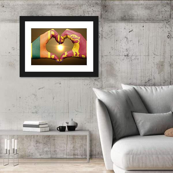 Sri Lankan Flag On Hands Canvas Wall Art-3 Horizontal-Gallery Wrap-25" x 16"-Tiaracle