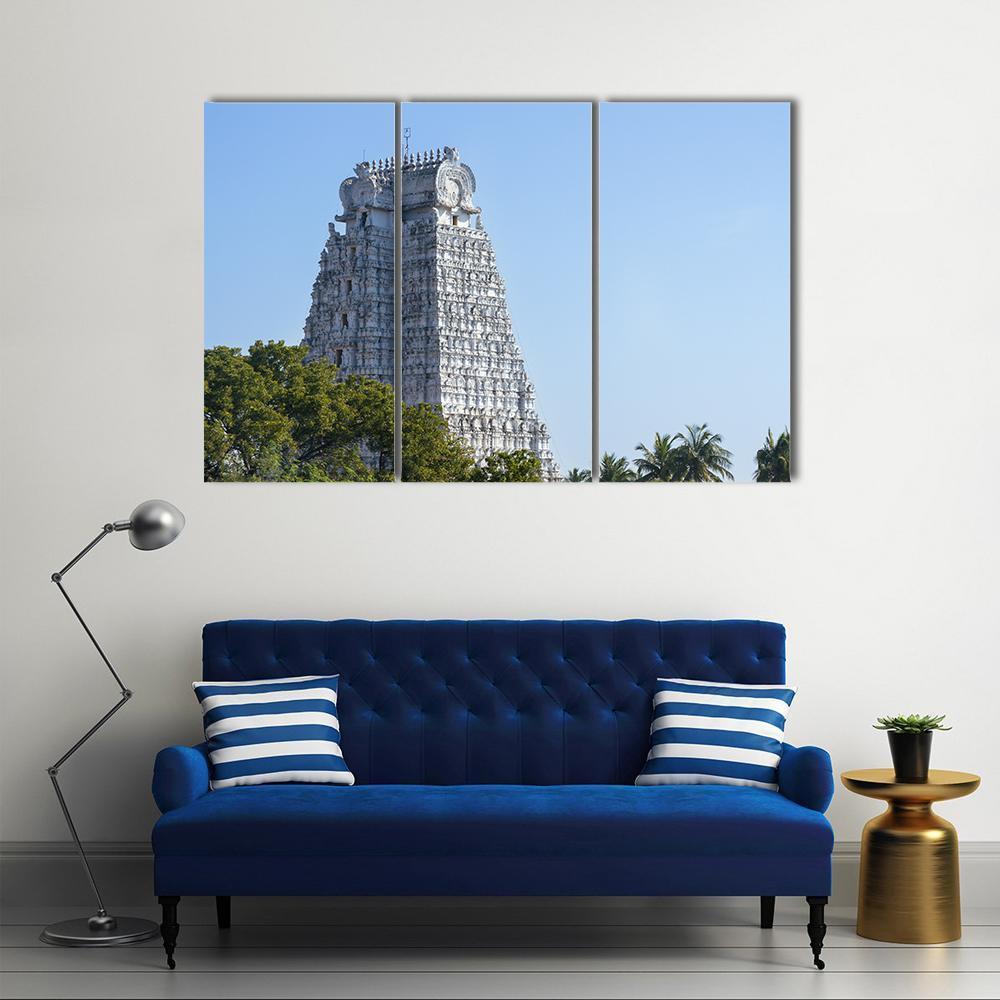 Sri Rangam Temple Tower in India Canvas Wall Art in white, green and blue, 3 panel horizontal set hung on a wall