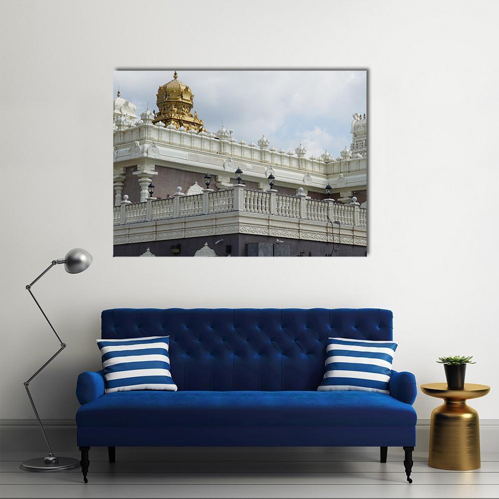 Sri Venkateswara Temple with Golden Dome Canvas Wall Art in white, gray and gold, single panel hung on a wall