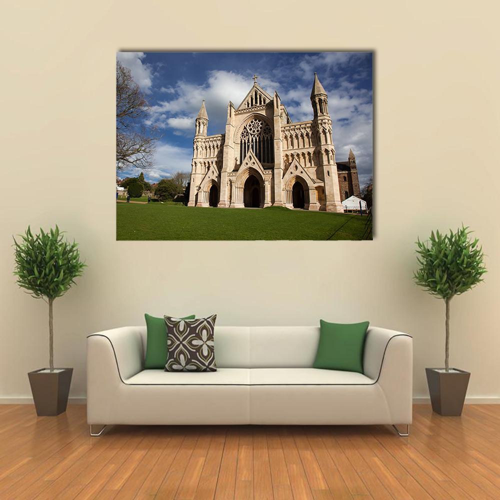 St Albans Cathedral on a Sunny Day Canvas Wall Art in beige, green and blue, single panel hung on a wall