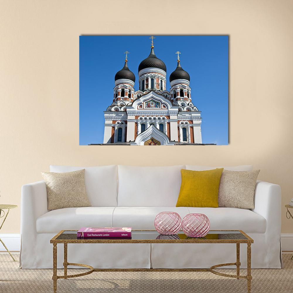 St Alexander Nevsky Orthodox Church Canvas Wall Art in black, white and blue, single panel hung on a wall