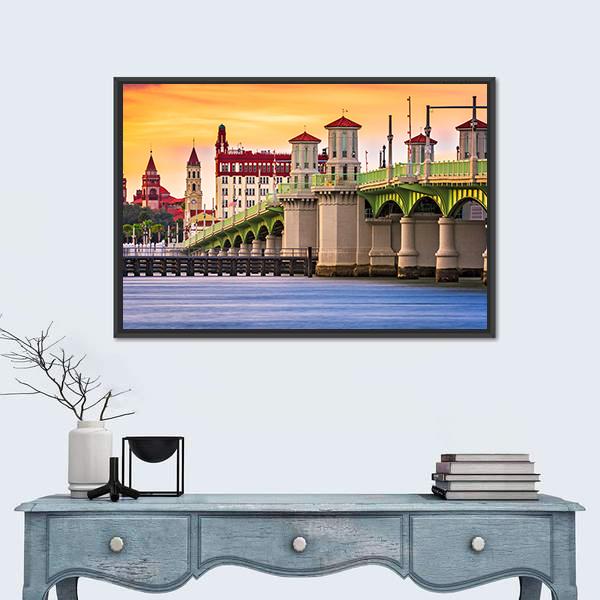 St. Augustine And Bridge Of Lions In Florida Canvas Wall Art-3 Horizontal-Gallery Wrap-25" x 16"-Tiaracle