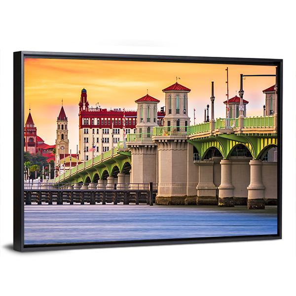 St. Augustine And Bridge Of Lions In Florida Canvas Wall Art-3 Horizontal-Gallery Wrap-25" x 16"-Tiaracle