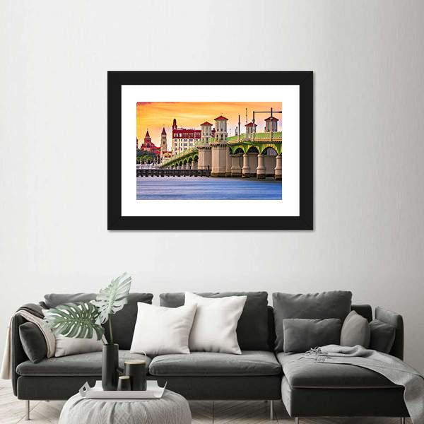 St. Augustine And Bridge Of Lions In Florida Canvas Wall Art-1 Piece-Framed Print-20" x 16"-Tiaracle