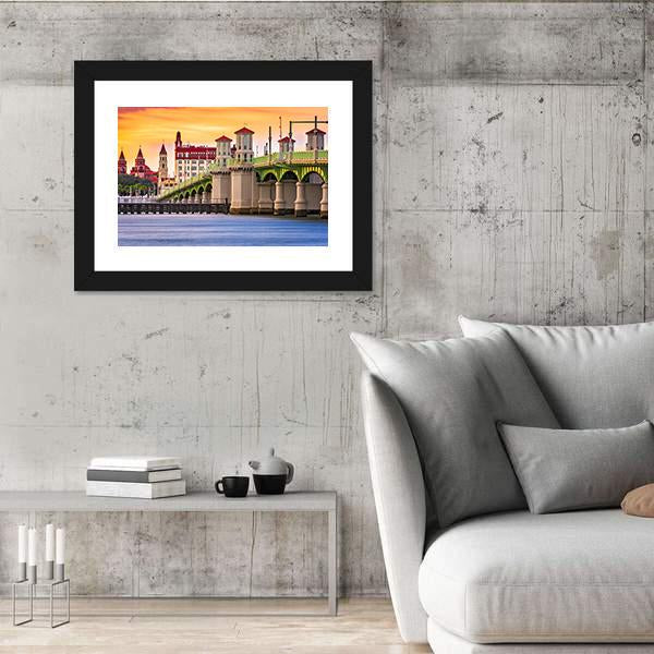 St. Augustine And Bridge Of Lions In Florida Canvas Wall Art-3 Horizontal-Gallery Wrap-25" x 16"-Tiaracle