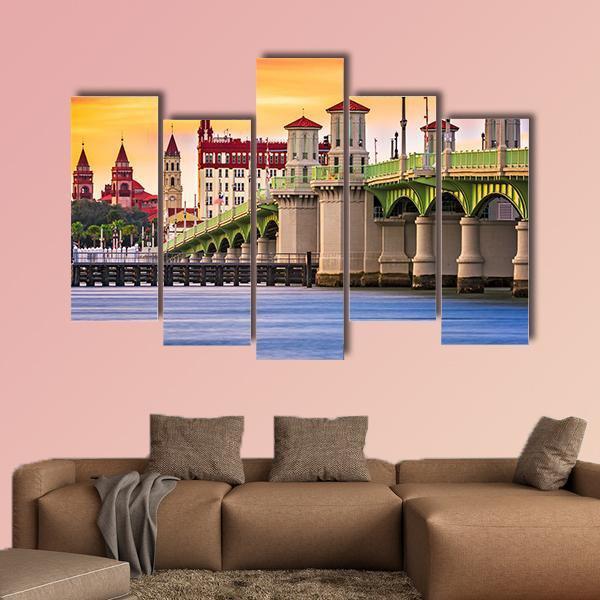 St. Augustine And Bridge Of Lions In Florida Canvas Wall Art-5 Pop-Gallery Wrap-47&quot; x 32&quot;-Tiaracle