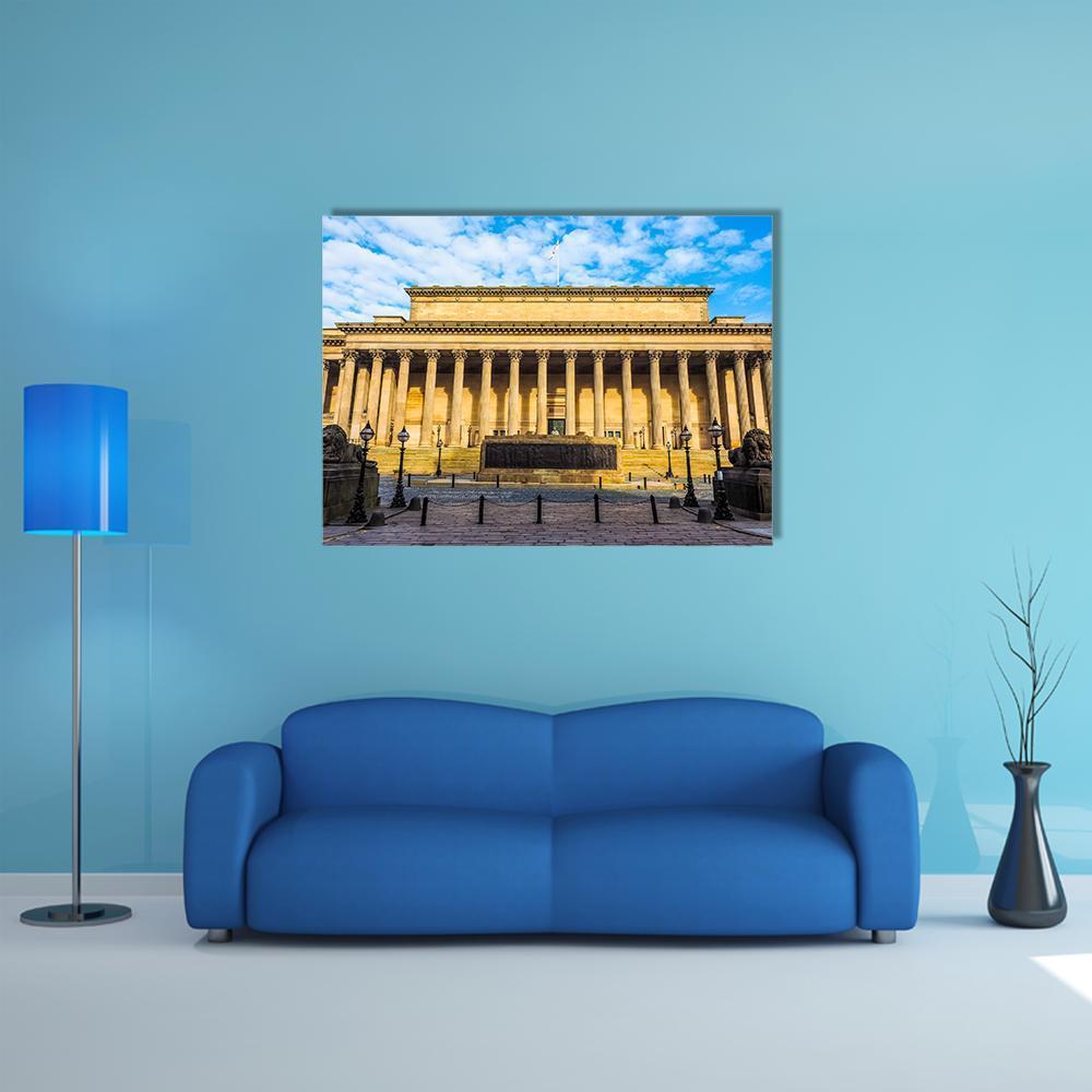 St George Hall Neoclassical Facade Canvas Wall Art in beige, brown and blue, single panel hung on a wall