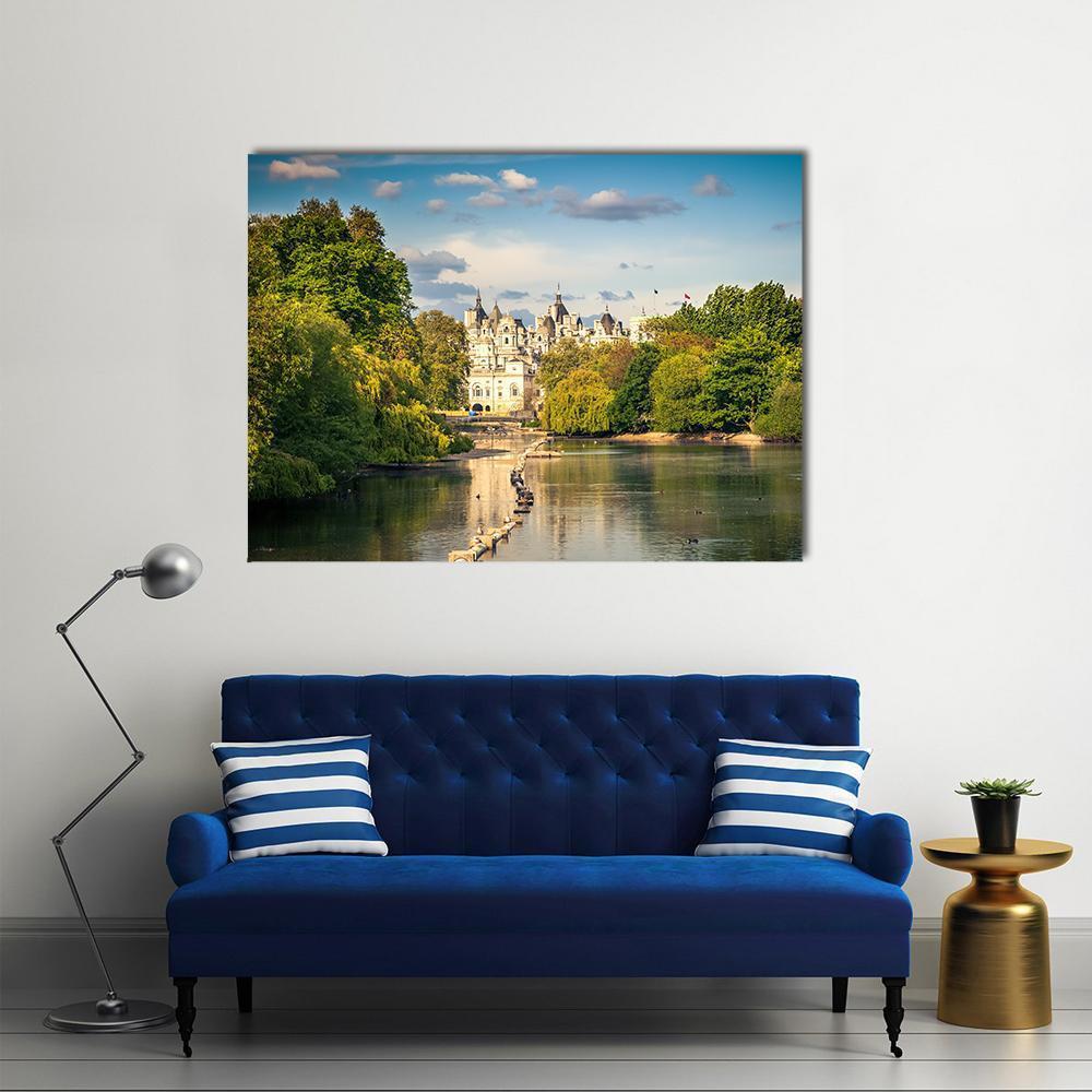 St James Park, London Canvas Wall Art in green and blue, single panel hung on a wall