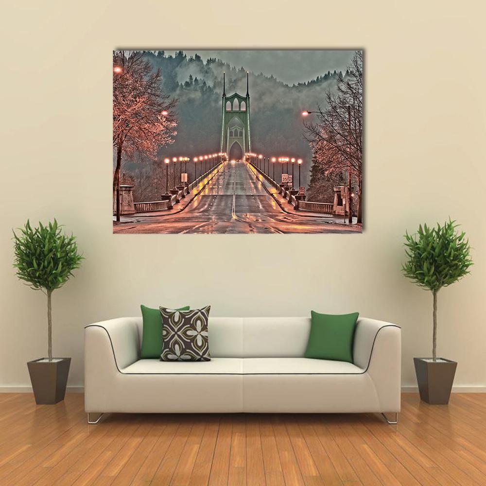 Foggy Bridge with Wet Road Canvas Wall Art in gray, orange and green, single panel hung on a wall
