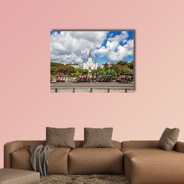 St. Louis Cathedral in the French Quarter Canvas Wall Art in white, green and blue, single panel hung on a wall