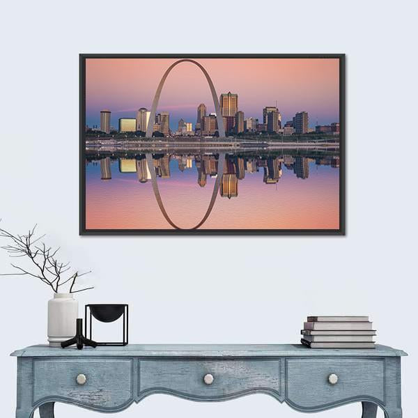 St Louis Skyline at Dusk Canvas Wall Art in blue, purple and pink, framed canvas, product view on a white background