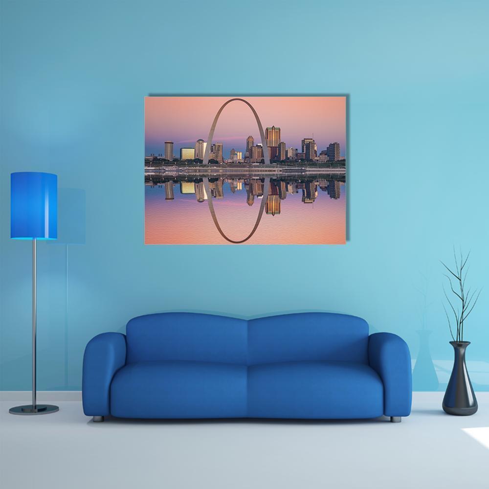 Gateway Arch Reflection at Dusk, St. Louis Canvas Wall Art in blue, purple and pink, single panel hung on a wall