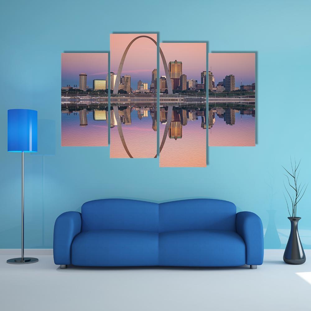 St Louis Skyline Along Mississippi River Canvas Wall Art-4 Pop-Gallery Wrap-50" x 32"-Tiaracle