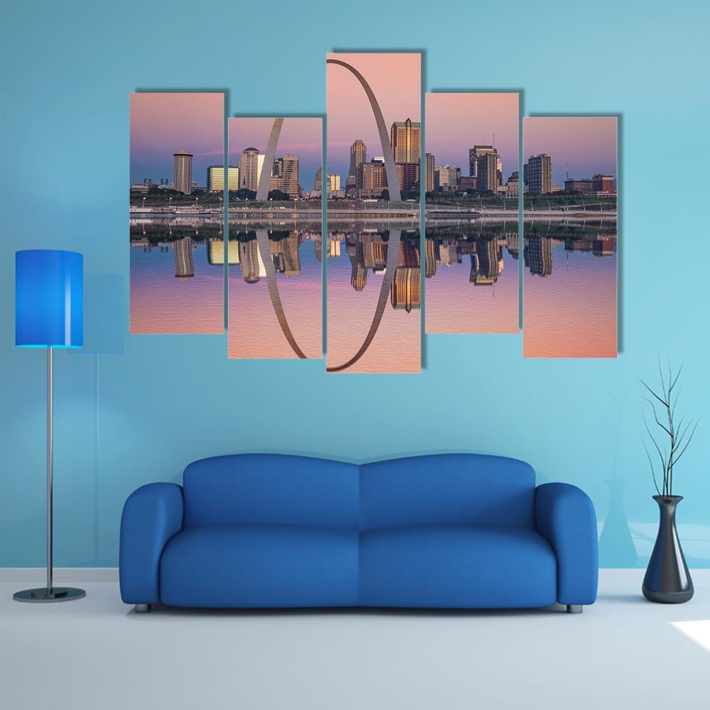 St Louis Skyline Along Mississippi River Canvas Wall Art-5 Pop-Gallery Wrap-47" x 32"-Tiaracle