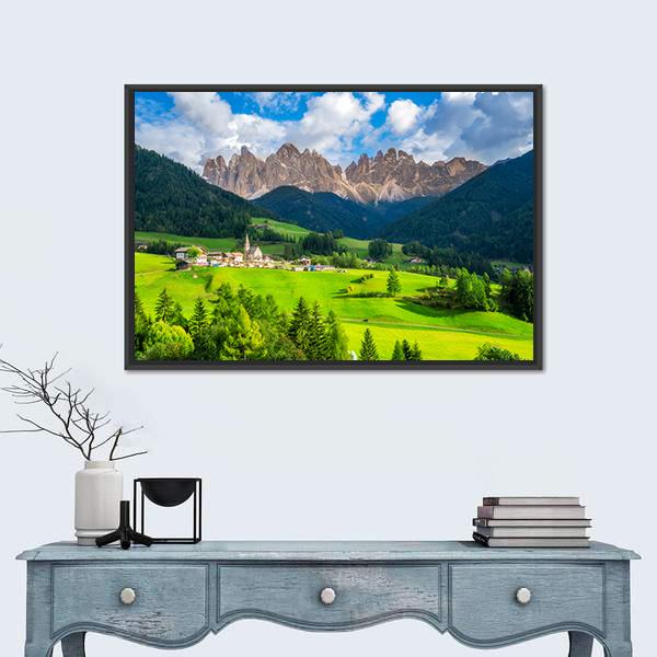 St Magdalena Village With Odle Dolomites Canvas Wall Art-1 Piece-Floating Frame-24" x 16"-Tiaracle