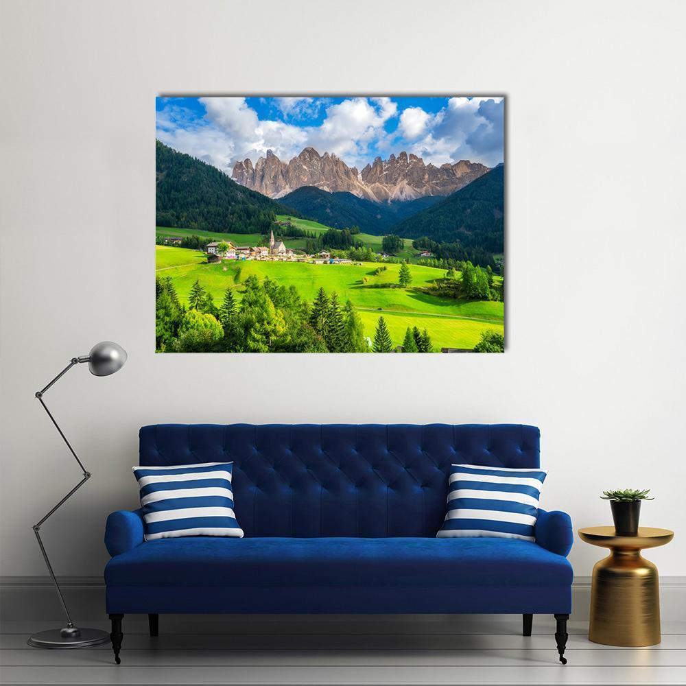 St Magdalena Village With Odle Dolomites Canvas Wall Art-5 Star-Gallery Wrap-62" x 32"-Tiaracle