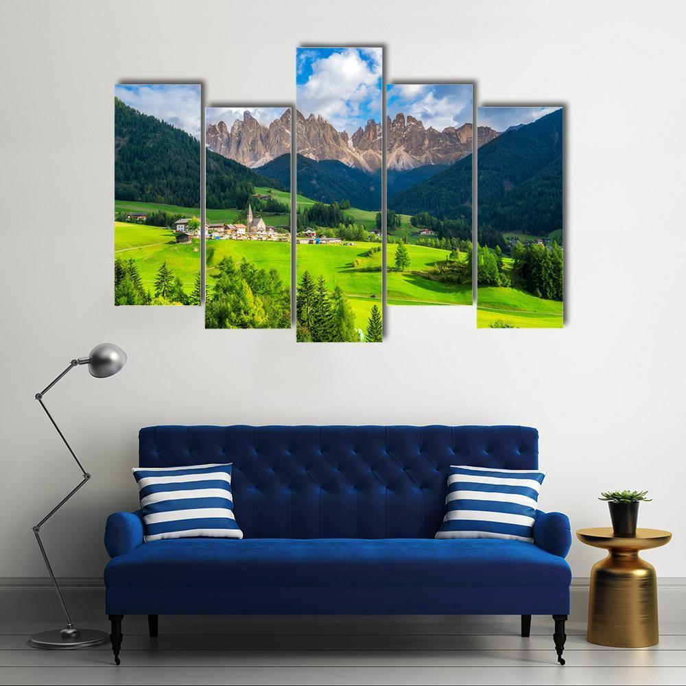 St Magdalena Village With Odle Dolomites Canvas Wall Art-5 Pop-Gallery Wrap-47" x 32"-Tiaracle