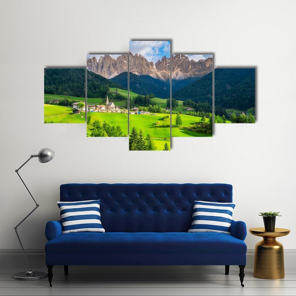 St Magdalena Village With Odle Dolomites Canvas Wall Art-5 Star-Gallery Wrap-62" x 32"-Tiaracle