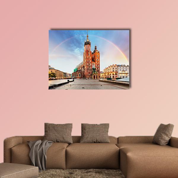 St. Mary's Basilica with Rainbow, Krakow Canvas Wall Art in brown, orange and blue, single panel hung on a wall