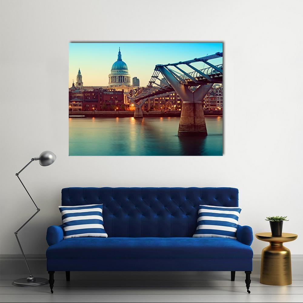 St Paul's Cathedral and Millennium Bridge Canvas Wall Art in brown, orange and blue, single panel hung on a wall