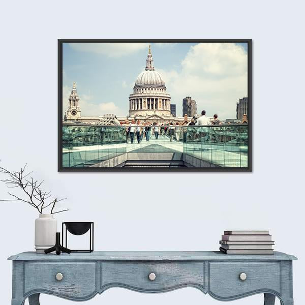 St Paul's Cathedral And Millennium Bridge Canvas Wall Art-1 Piece-Floating Frame-24" x 16"-Tiaracle