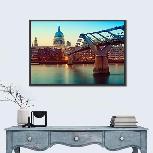St Paul's Cathedral And Millennium Bridge Canvas Wall Art-1 Piece-Floating Frame-24" x 16"-Tiaracle