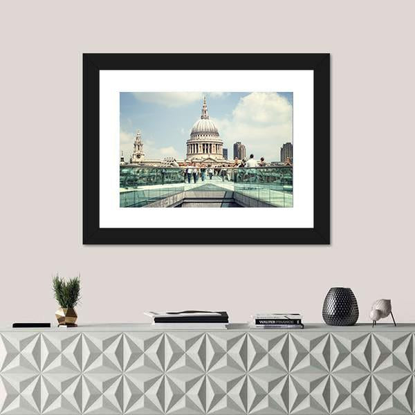 St Paul's Cathedral And Millennium Bridge Canvas Wall Art-1 Piece-Framed Print-20" x 16"-Tiaracle
