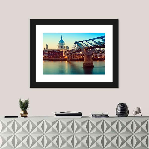 St Paul's Cathedral And Millennium Bridge Canvas Wall Art-1 Piece-Framed Print-20" x 16"-Tiaracle