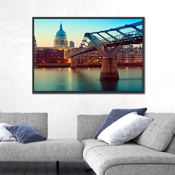 St Paul's Cathedral And Millennium Bridge Canvas Wall Art-3 Horizontal-Gallery Wrap-25" x 16"-Tiaracle