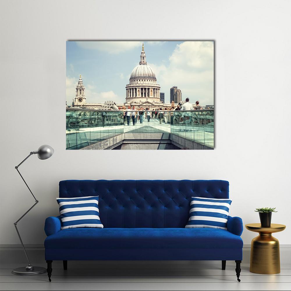 St Paul's Cathedral and Millennium Bridge Canvas Wall Art in gray, beige and blue, single panel hung on a wall