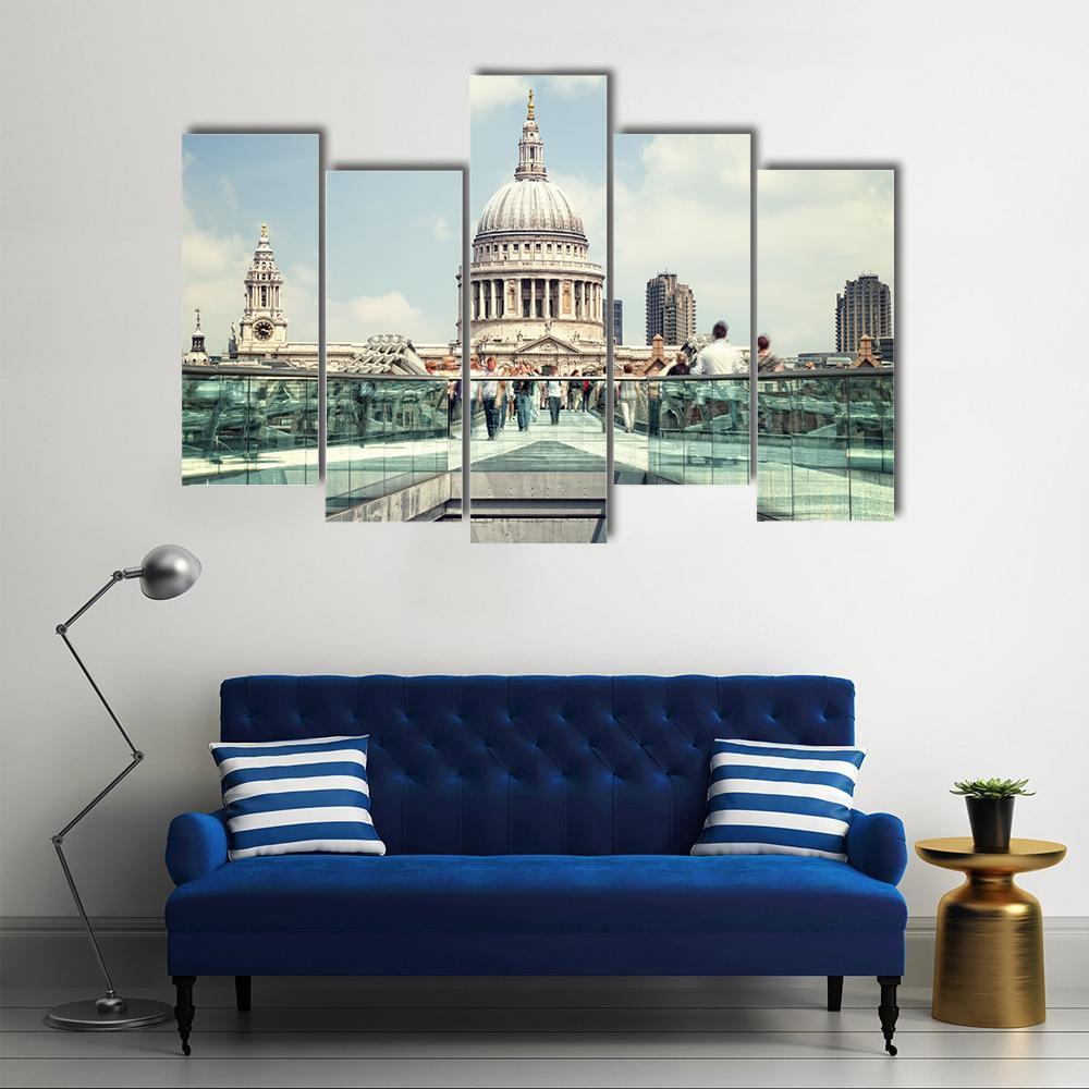 St Paul's Cathedral And Millennium Bridge Canvas Wall Art-5 Pop-Gallery Wrap-47" x 32"-Tiaracle