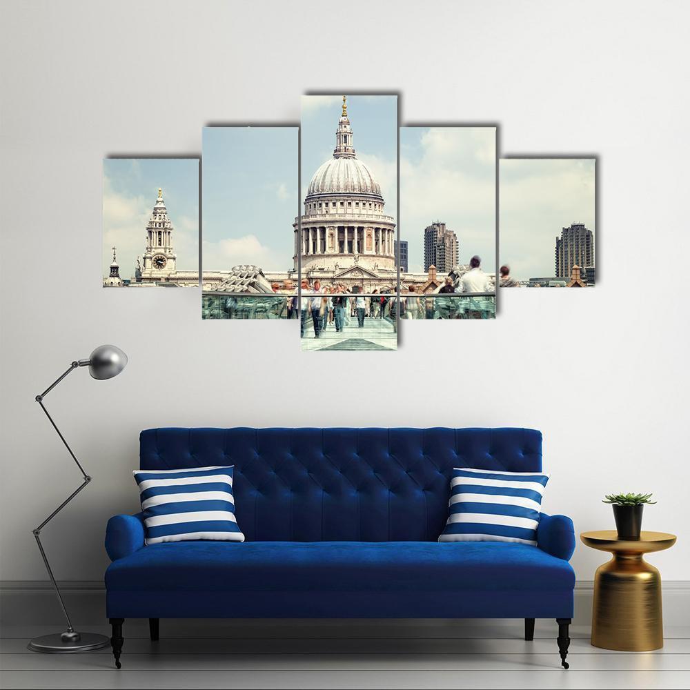 St Paul's Cathedral And Millennium Bridge Canvas Wall Art-5 Pop-Gallery Wrap-47" x 32"-Tiaracle