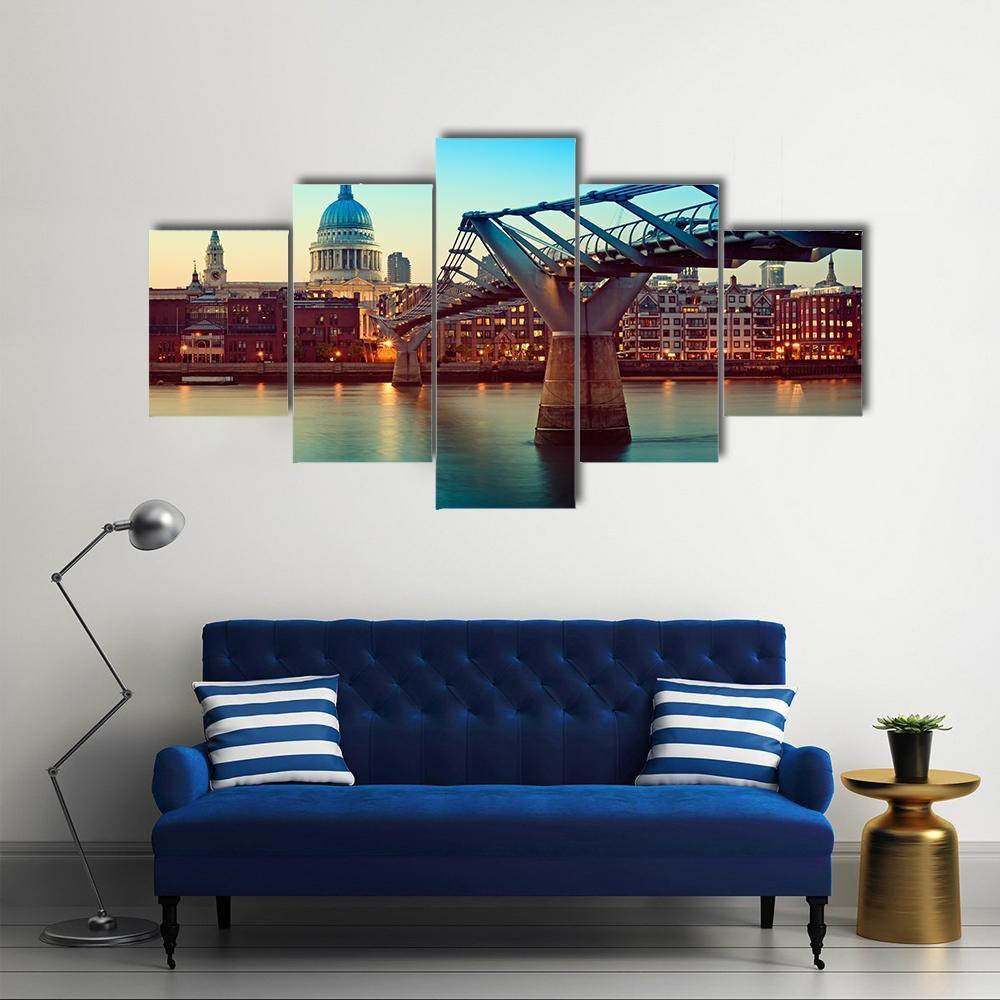 St Paul's Cathedral And Millennium Bridge Canvas Wall Art-5 Star-Gallery Wrap-62" x 32"-Tiaracle