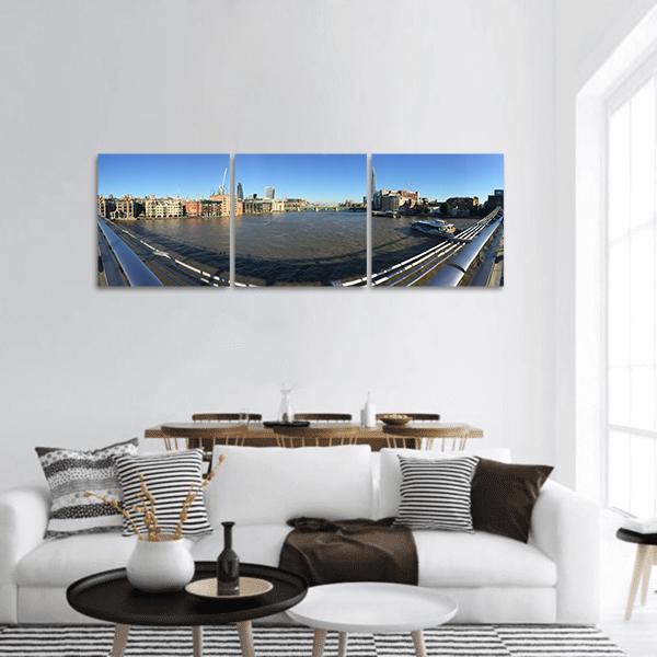 St Pauls Cathedral and River Thames Panoramic Canvas Wall Art in gray, brown and blue, hung on a wall