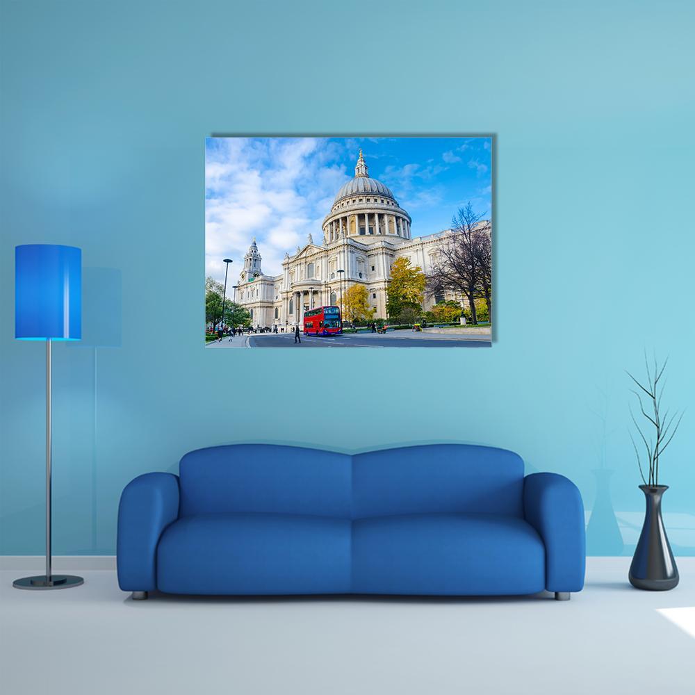 St Paul's Cathedral with Red Double-decker Canvas Wall Art in white, gray and blue, single panel hung on a wall