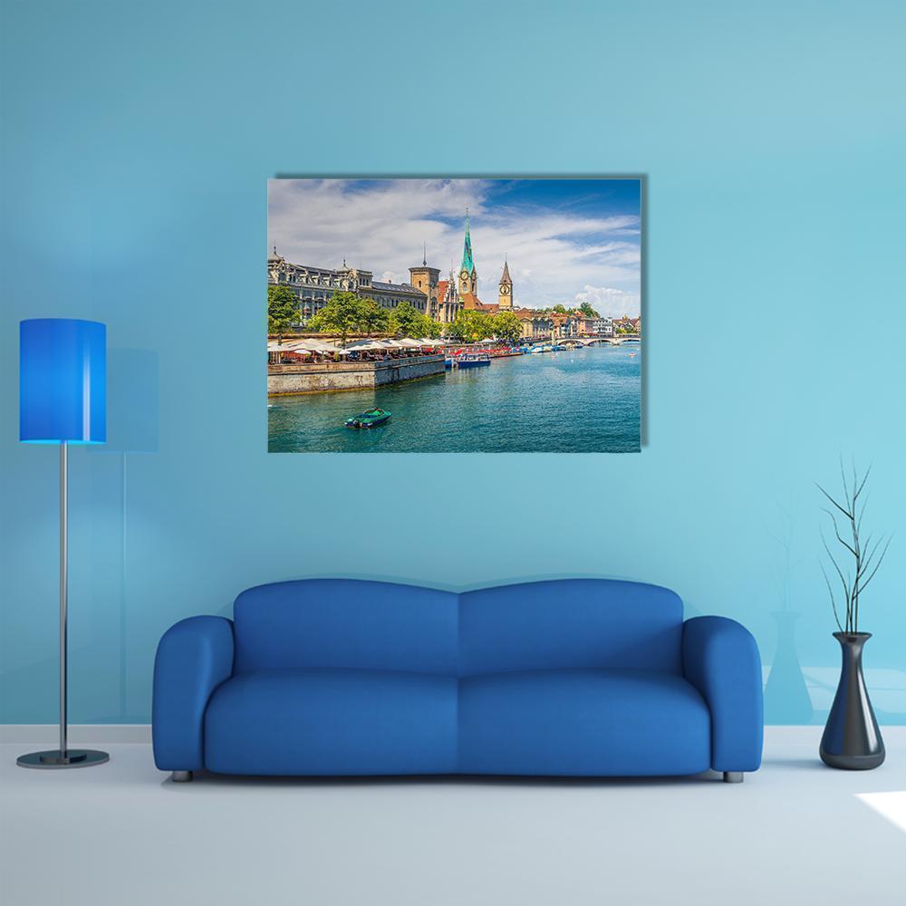 St. Peter at Lake Zurich Canvas Wall Art in brown, green and blue, single panel hung on a wall