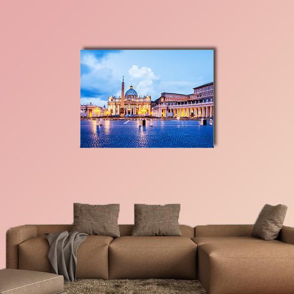 St. Peter's Basilica, Vatican City Canvas Wall Art in beige, yellow and blue, single panel hung on a wall