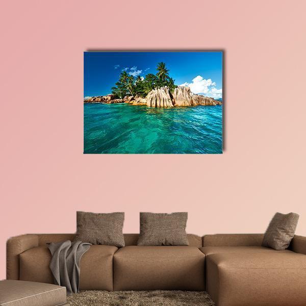 St. Pierre Island, Seychelles Canvas Wall Art in brown, green and blue, single panel hung on a wall
