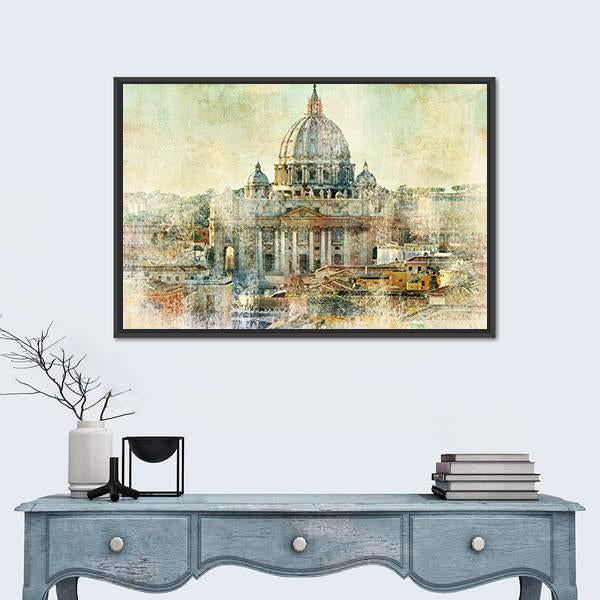 St. Peter's Basilica Vatican City Painting Canvas Wall Art in beige, brown and yellow, framed canvas, product view on a white background