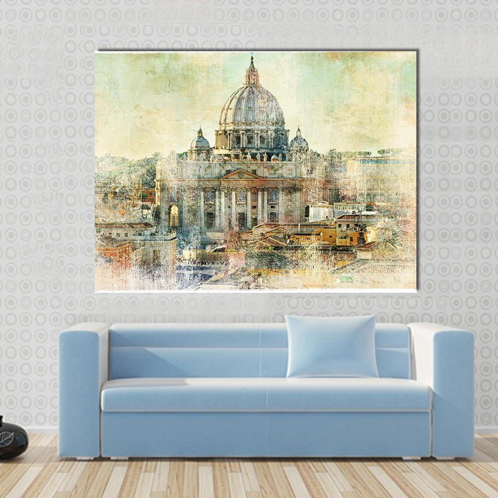 St. Peter's Basilica Vatican City Painting Canvas Wall Art in beige, brown and yellow, single panel hung on a wall
