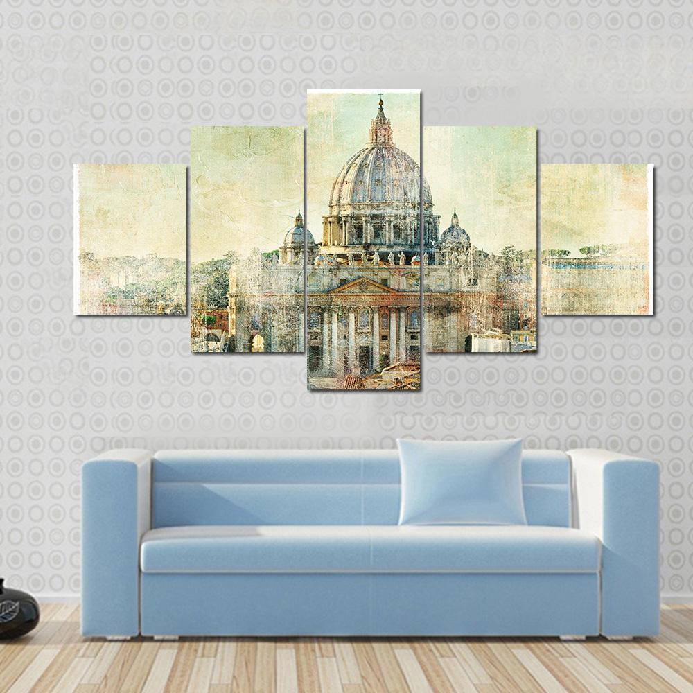 St Pietro Vatican City Painting Style Canvas Wall Art-5 Star-Gallery Wrap-62" x 32"-Tiaracle