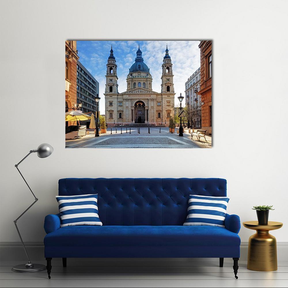 St. Stephen's Basilica in Budapest Canvas Wall Art in beige, brown and blue, single panel hung on a wall