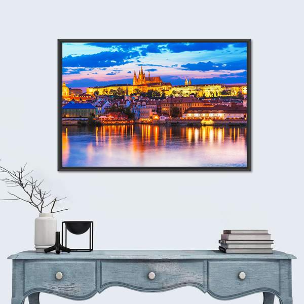 St Vitus Cathedral Prague Canvas Wall Art in orange, yellow and blue, framed canvas, product view on a white background