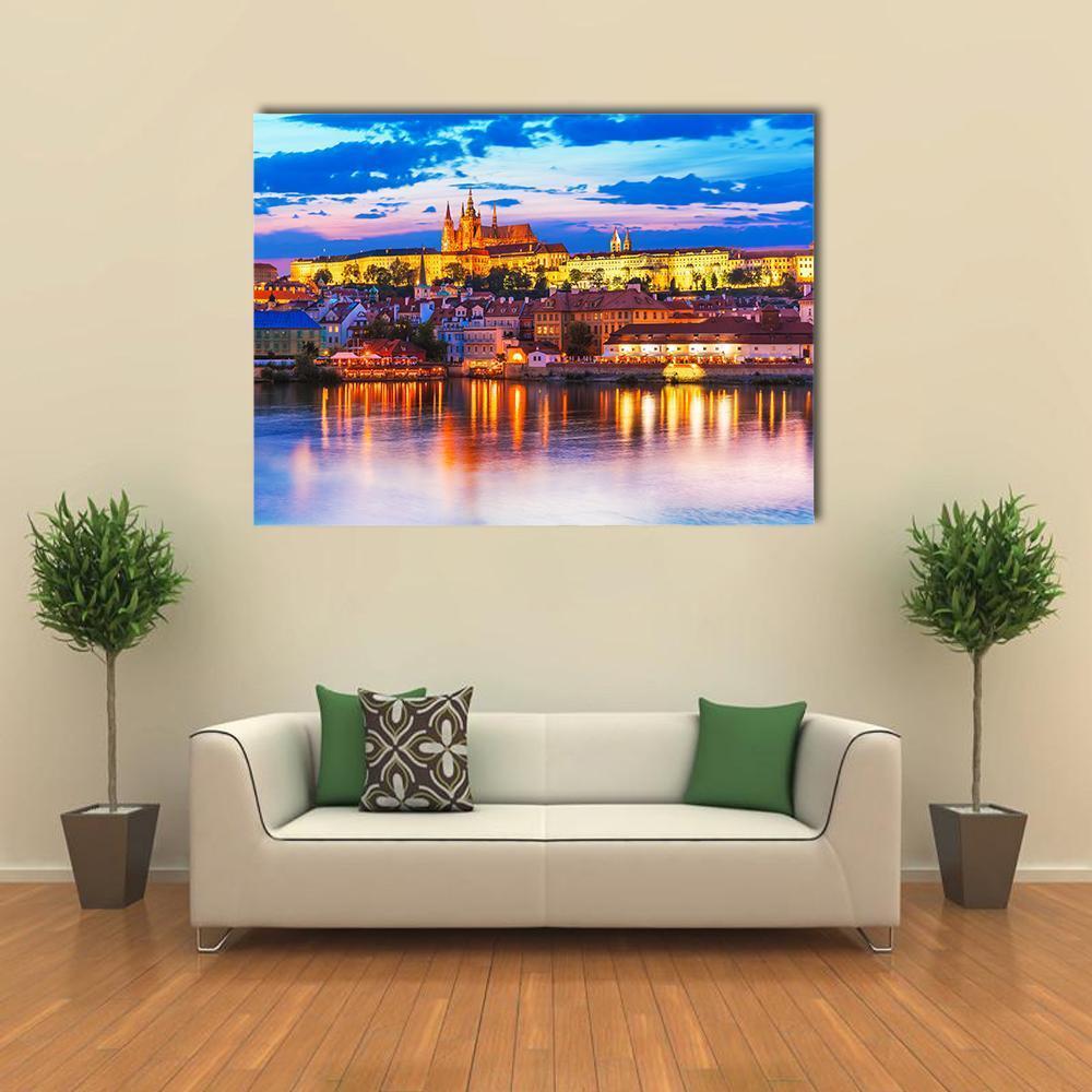 St Vitus Cathedral Prague Canvas Wall Art in orange, yellow and blue, single panel hung on a wall