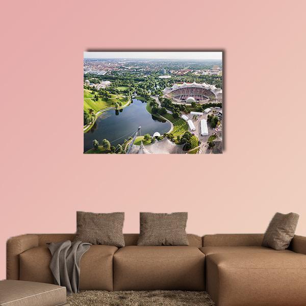 Olympia Park Stadium Aerial View, Munich Canvas Wall Art in gray, green and blue, single panel hung on a wall