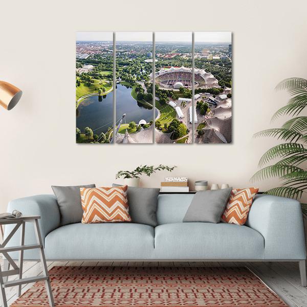 Olympia Park Stadium Aerial View, Munich Canvas Wall Art in gray, green and blue, hung on a wall