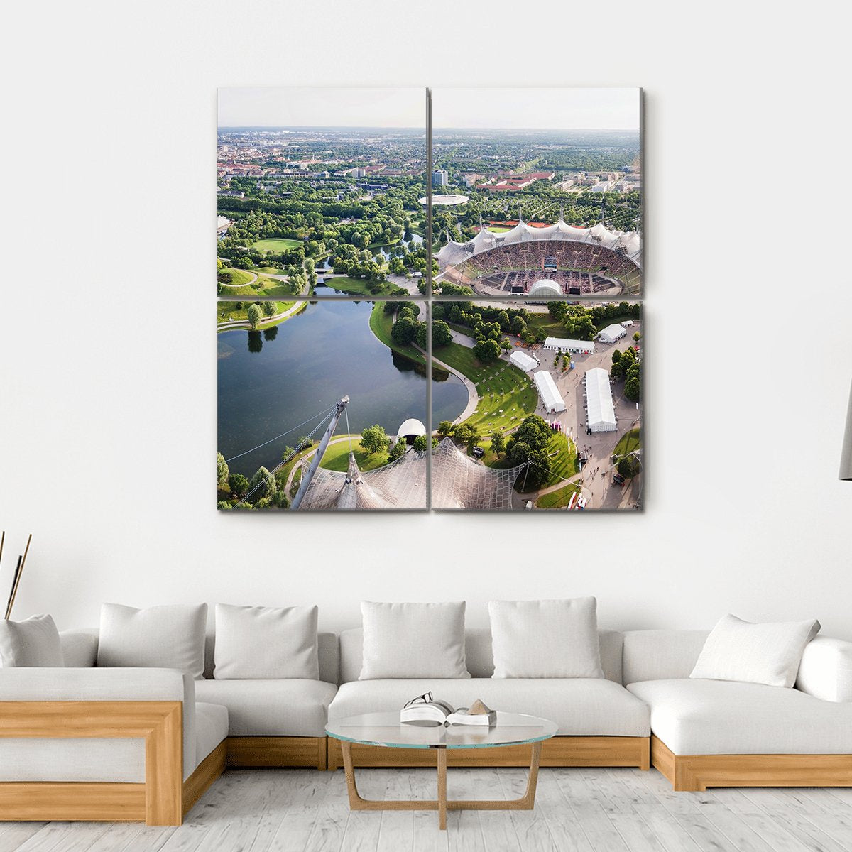 Olympia Park Stadium Aerial View, Munich Canvas Wall Art in gray, green and blue, hung on a wall
