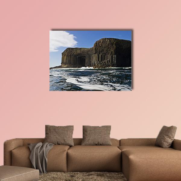 Staffa and Fingal's Cave, Scotland Canvas Wall Art in black, brown and blue, single panel hung on a wall